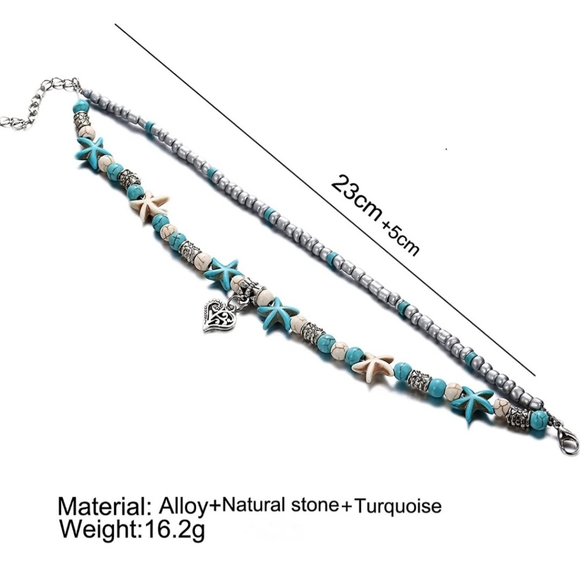 NWT Bohemian Double Pattern Ankle Bracelet Chain w/Snail Sea Star & 🤍 Pendant - Picture 2 of 4